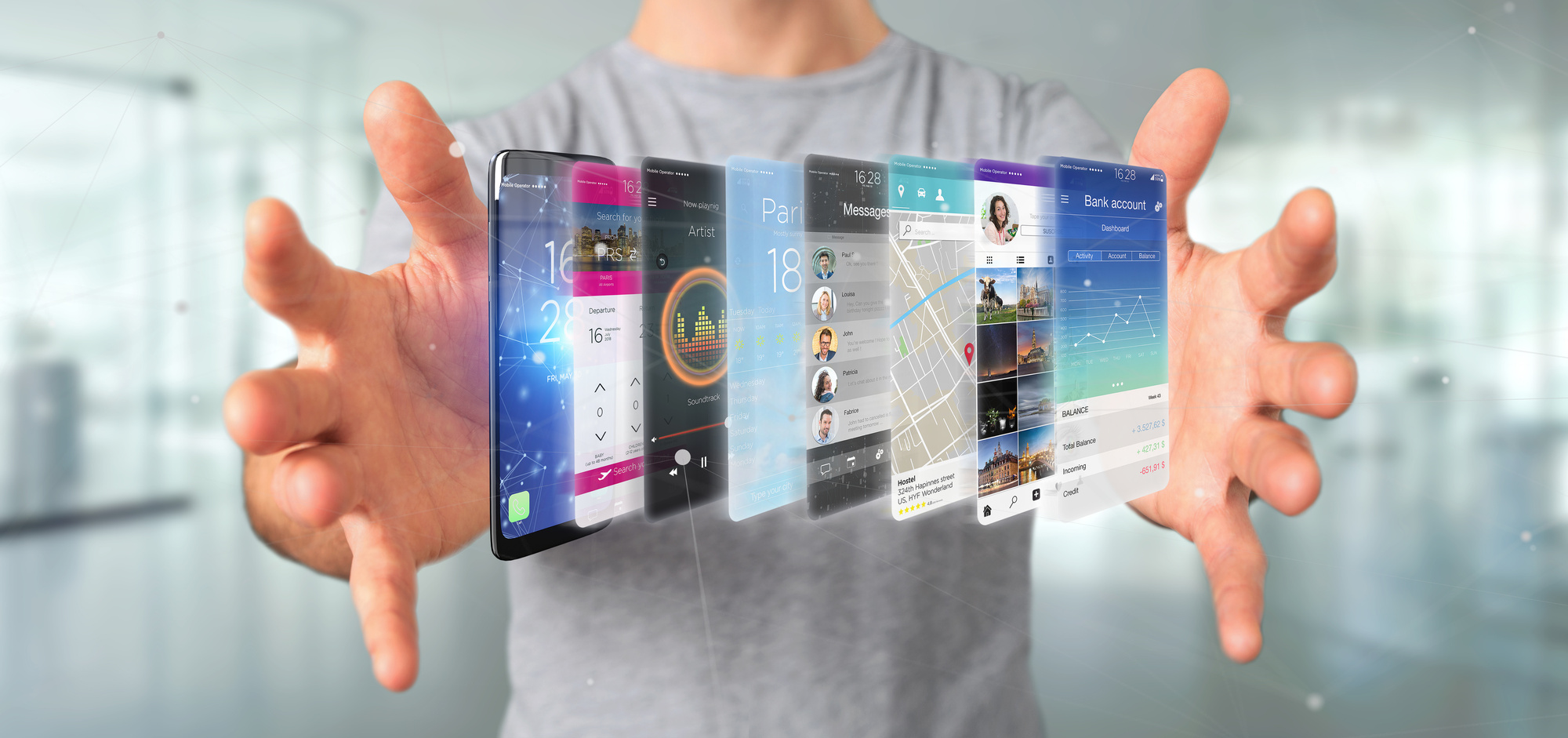 Businessman holding 3d rendering app template on a smartphone